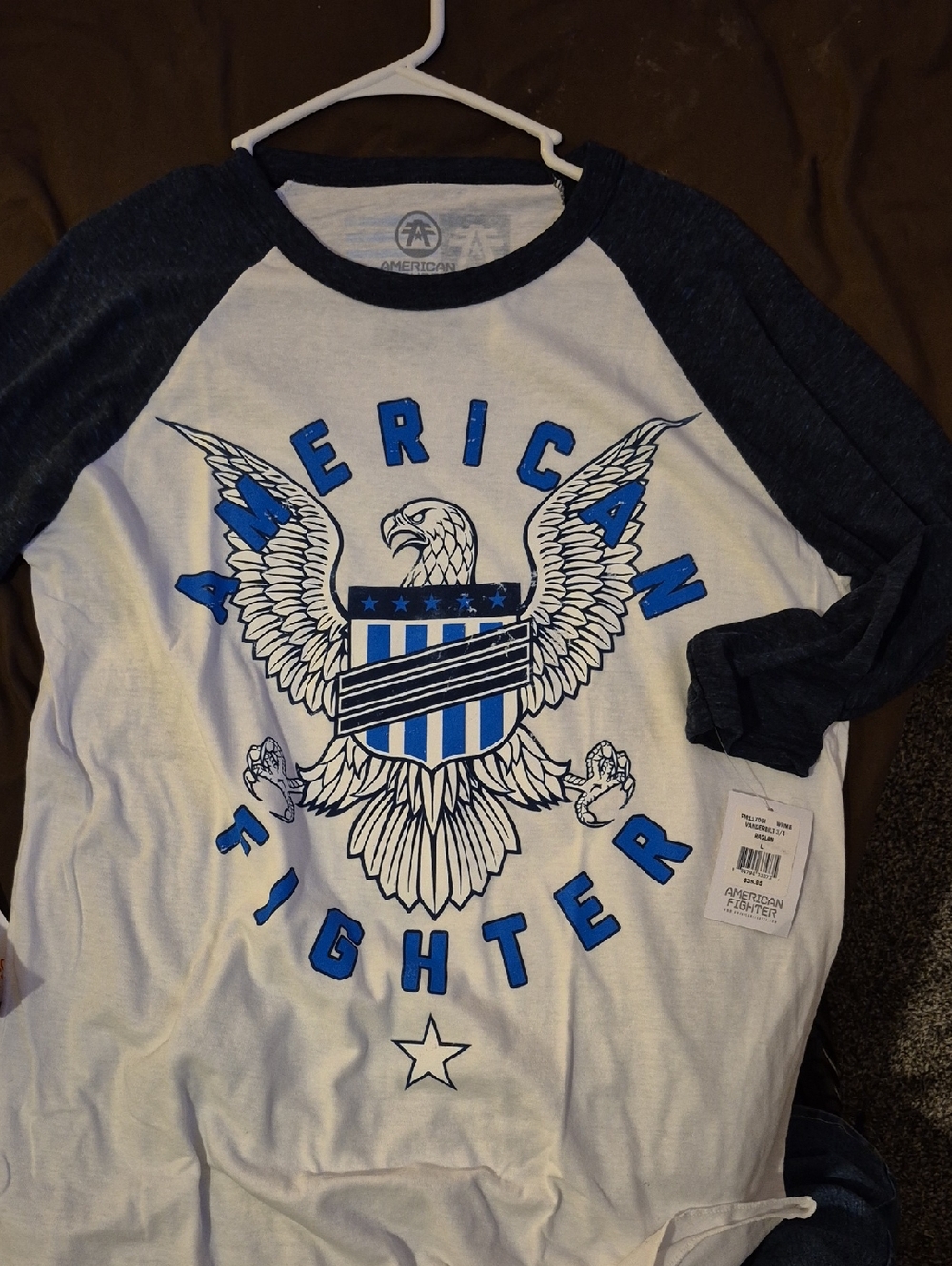 American Fighter White Tee with Navy Raglan Sleeves and Blue Graphic